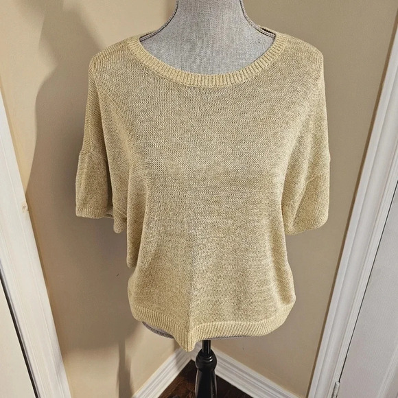 Loft Golden Metallic Crew Sweater Knit Beige Yellow Rayon  size XL - Picture 1 of 9